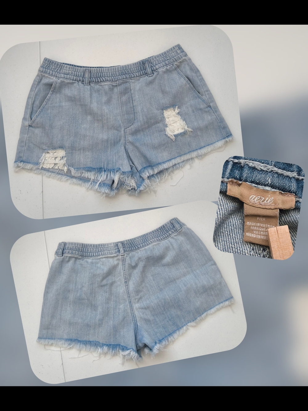 aerie Light Wash Distressed Denim Shorts - Pale Blue Size Small